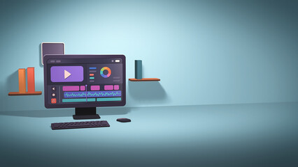 Wide angle of a computer editing station with decorative shelves and video editing software displayed, illustrating a stylish creative office for professional multimedia projects.