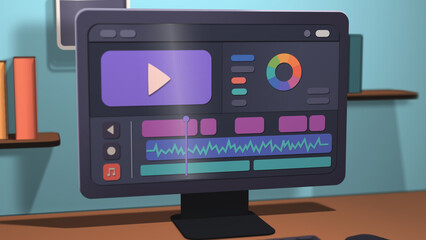 Close view of a modern computer desk with video editing monitor and colorful interface, symbolizing advanced post-production work in digital film and media creation studios.