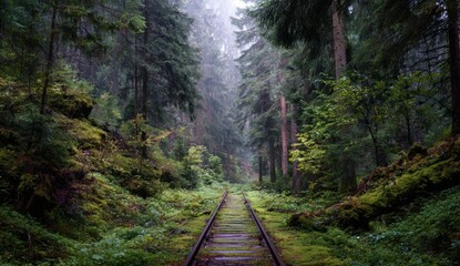 Misty forest path with old railroad tracks