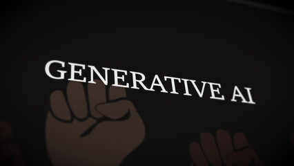 Close-up of bold white text reading 'Generative AI' over dark background with raised fists illustration, symbolizing technology, innovation, and empowerment for use in editorial or tech-themed project