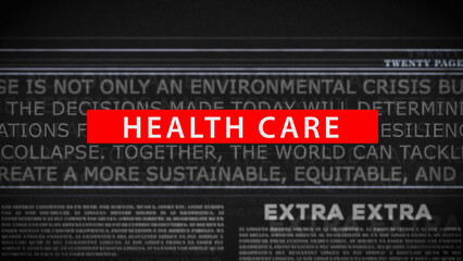 Bold red banner displaying 'Health Care' over blurred monochrome text background, representing medical news, policy updates, or healthcare industry topics in a striking modern style.