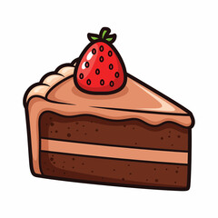 Cartoon Chocolate Cake Slice Topped with a Fresh Strawberry.
