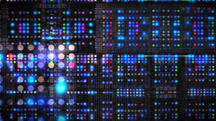 Complex digital wall of multicolored lights and data streams creating a futuristic cyber grid, ideal for technology presentations, sci-fi backdrops, or high-tech motion graphic designs.