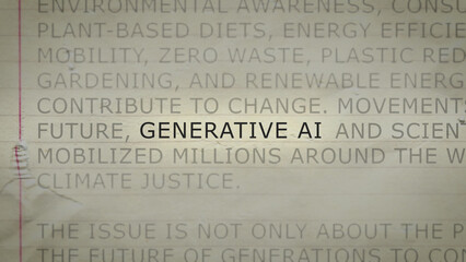 Generative AI text highlighted on a textured paper background with environmental and climate justice keywords, suitable for educational, activist, or editorial digital content.