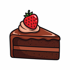 Cartoon Chocolate Cake Slice Topped with Strawberry and Swirl of Frosting.