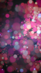 Vertical abstract image of vivid pink, purple and blue bokeh light particles floating in dark atmosphere, evoking festive mood, dreamy nightlife, and modern digital backgrounds for creative designs.