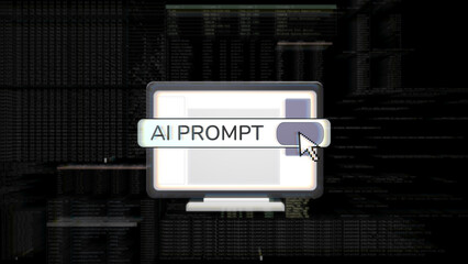 Glowing computer monitor interface with highlighted AI prompt button and pixelated cursor, set against dark programming code background with blurred terminal windows and data lines creating a futurist