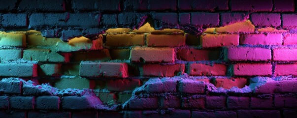 Neon-Lit Broken Brick Wall: A Cyberpunk Vibe