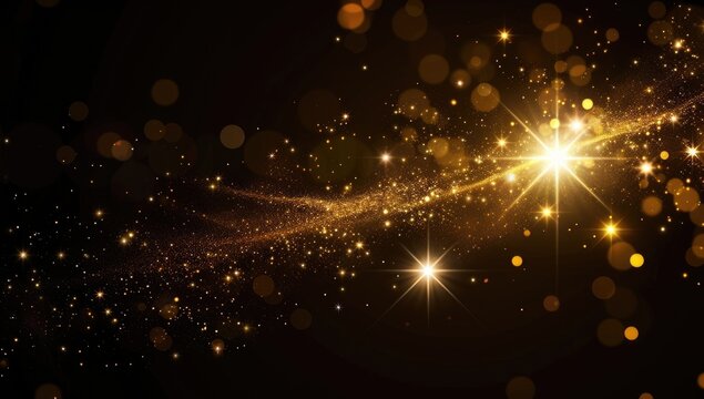 A dark background features a shimmering gold stardust trail with bright stars, creating a celestial, magical atmosphere - Powered by Adobe
