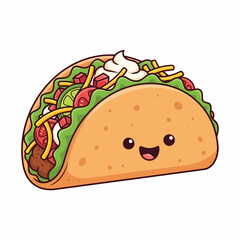 Cartoon Taco with Smiling Face Lettuce Tomatoes Cheese and Sour Cream.