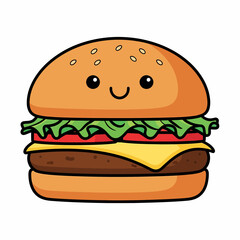 Cheerful Cartoon Burger with Lettuce Tomato Cheese and a Smiling Face.