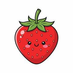 Cartoon Strawberry with Smiling Face and Green Stem Isolated on Transparent.