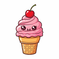Kawaii Pink Ice Cream Cone with Cherry Topping and Sparkling Eyes.