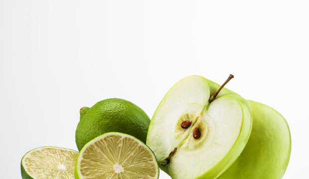 Still life of apples and limes together.