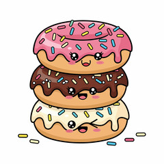Stacked Kawaii Donuts with Pink Chocolate and Vanilla Glaze and Colorful Sprinkles.