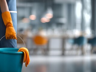 Cleaning Staff Holding Bucket with Gloves in Modern Office Space