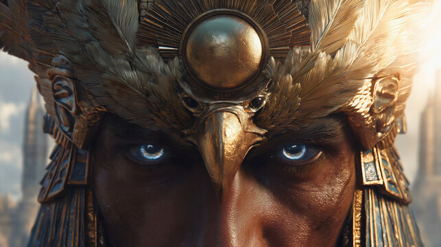 A powerful portrait of the Egyptian sun god Ra, a close-up of a divine being with glowing blue eyes, a fantasy character with a golden falcon helmet, a symbol of supernatural power and mythology.

