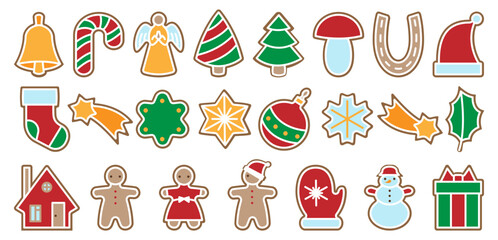 Set of vector silhouettes of Christmas cookies. Gingerbread man, tree, star, snowman, holiday biscuit shapes, festive baking cutters, Xmas decorations