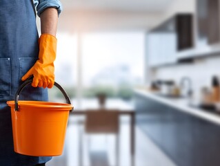 Person in Gloves Holding Orange Bucket in Modern Kitchen Setting