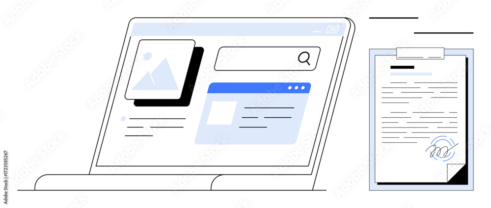 Aufkleber laptop displaying search and content interface alongside a clipboard with a signed document. ideal f