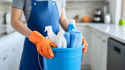 Cleaning Supplies in Blue Bucket Held by Person Wearing Gloves