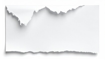 Fototapeta premium A digitally rendered image of a blank, rectangular piece of white paper with a torn, irregular edge. The paper casts a subtle shadow
