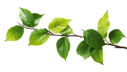 Fototapeta premium Close-up of a branch with vibrant green leaves. A slender twig extends horizontally, displaying several young, healthy leaves in various shades of green. Isolated against a pure white background