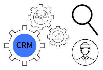 Large gear with CRM, smaller gears with analytics, user group icons, magnifying glass, user avatar in headgear. Ideal for marketing, technology, data management, teamwork problem-solving processes