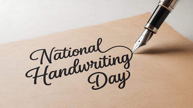 A fountain pen writing 'National Handwriting Day' in cursive on a piece of paper
