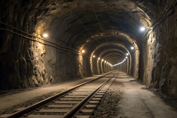Obraz premium Dark Tunnel with Train Tracks and Lights