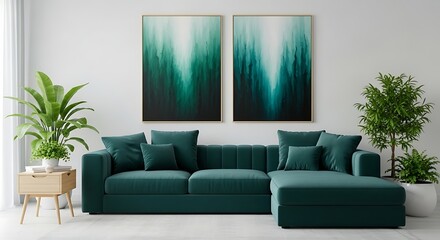 Modern living room with teal sectional sofa and abstract art