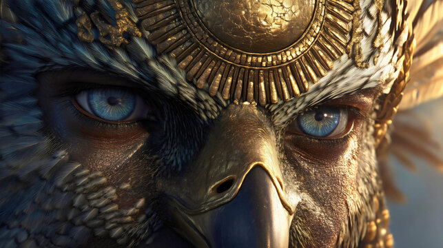 An extreme close-up of the ancient Egyptian sun god Ra, a majestic deity with an ornate falcon headdress, a powerful mythological portrait with piercing blue eyes, a concept of divinity and history.

