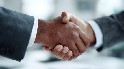 Two professionals in suits shaking hands symbolizing a successful business agreement or partnership