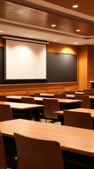 Fototapeta premium Modern classroom interior with wooden furniture and projectors, ideal for educational settings and presentations