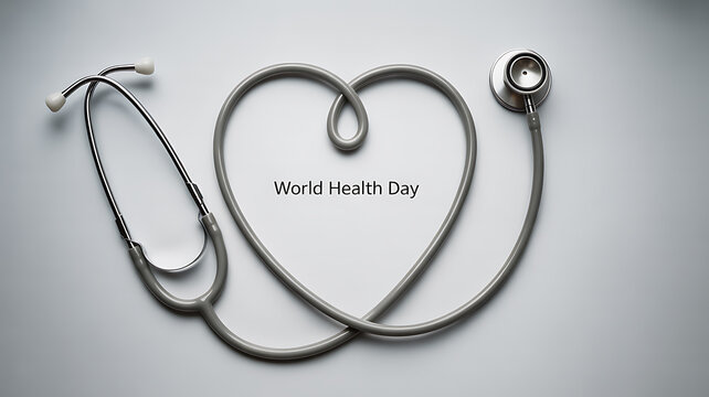 Stethoscope arranged in heart shape with 'World Health Day' text on a neutral background