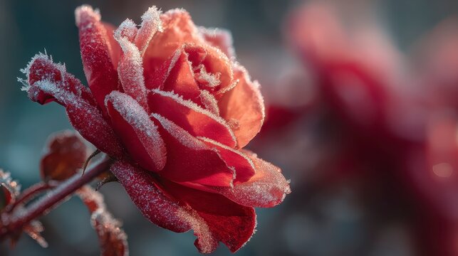 Close-up of a red rose with frost crystals on petals, 