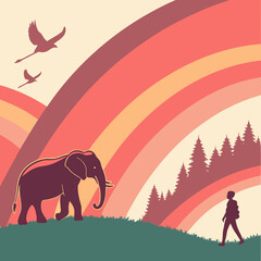 Elephant and hiker under rainbow with birds flying in a serene landscape illustration art