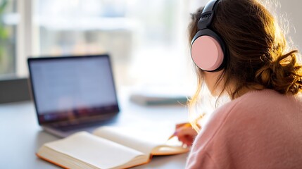 Student in pink sweater with large headphones studying at desk with laptop and open notebook. Focus session and online education setup