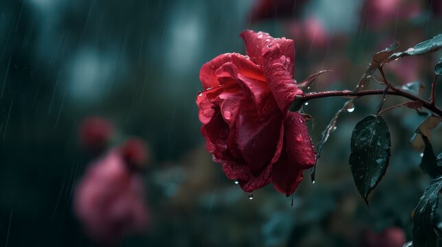 Close-up rose in stormy rain, cinematic dramatic lighting