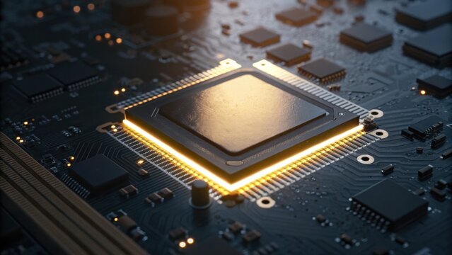 A close-up view of a glowing microprocessor on a circuit board, showcasing intricate electronic components and modern technology.