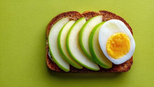 A slice of whole-wheat toast topped with apple slices and a boiled egg