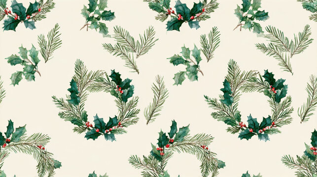 Watercolor seamless pattern with holly wreaths, pine branches and red berries for traditional Christmas and winter holiday design