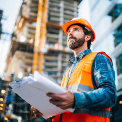 Construction worker safety helmet blueprints construction site civil engineer inspecting plans professional attire focused