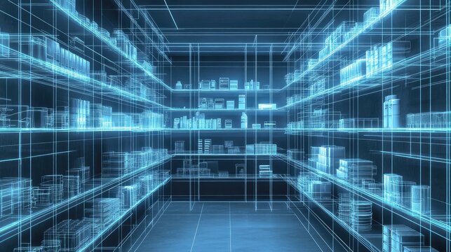 technology blueprint style futuristic scan of a pharmacy shelf