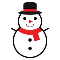 Cheerful Stylized Isolated Snowman Vector Illustration with Red Scarf and Black Hat