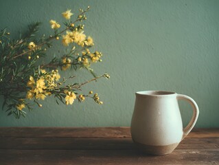 Rustic Ceramic Mug with Yellow Flowers on Wooden Table Background