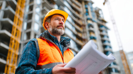 Construction worker safety helmet blueprint construction site civil engineer inspecting plans urban development professional