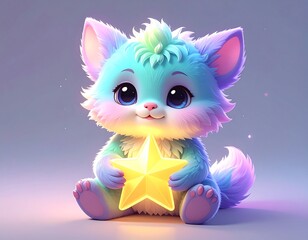 Cute, fluffy, little creature holding a star