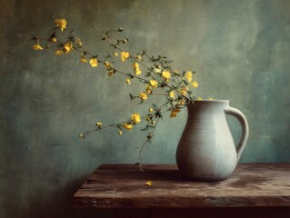 Delicate Yellow Flowers in Rustic Pot on Wooden Table Surface