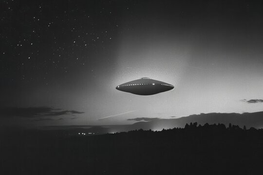 A grayscale image depicts a UFO hovering silently over a dark, hilly landscape under a starlit sky. The scene is peaceful yet mysterious